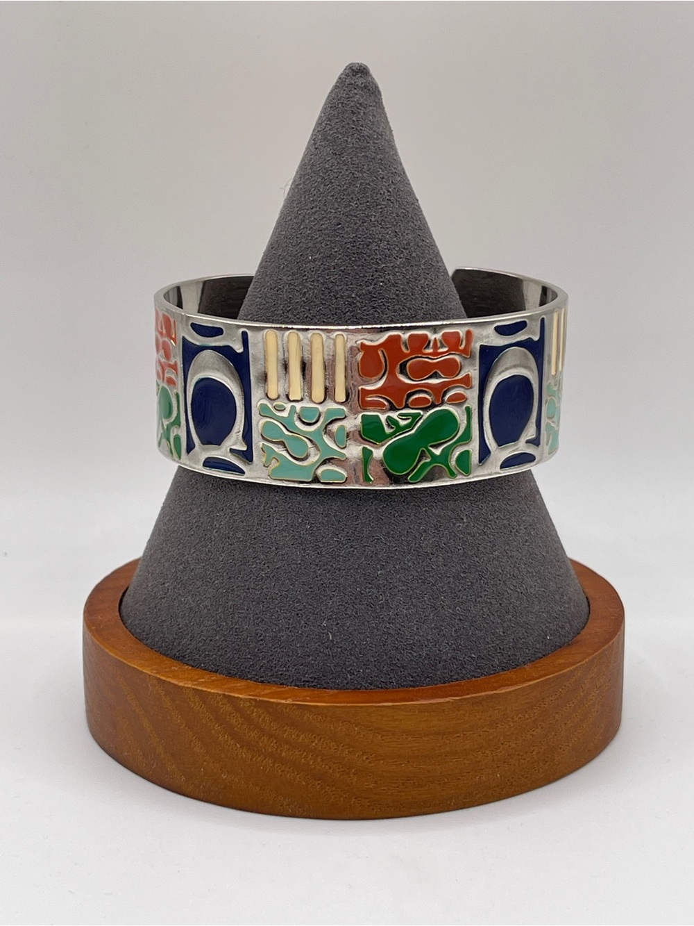 Coach Patchwork Enamel Silver Cuff Bracelet with Blue, Green & Coral Accents